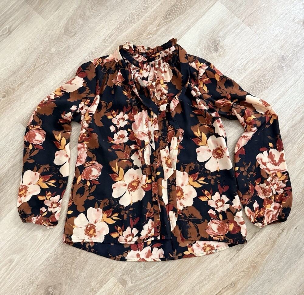 Gibson Top Womens XS Floral Button Up Tie Neck Blouse Long Sleeve Flowy